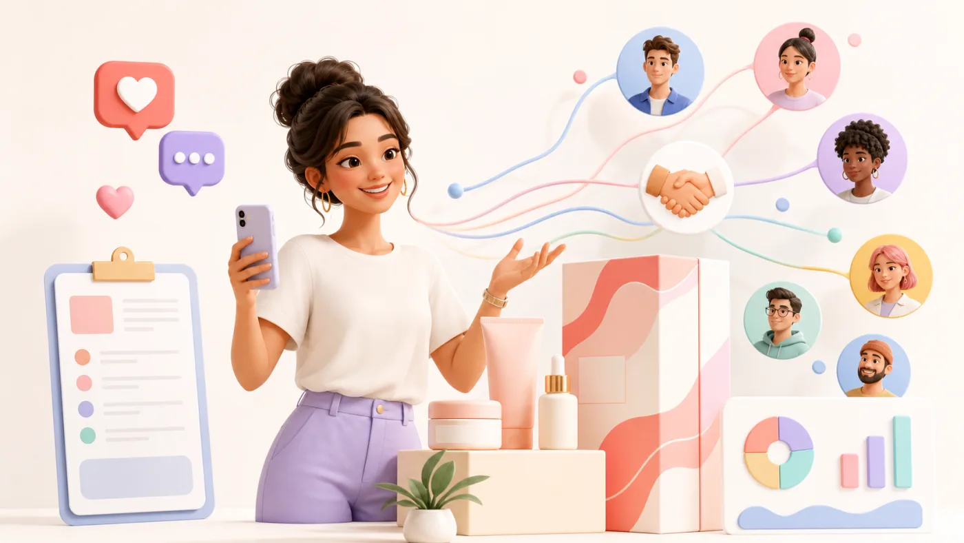 Açık renkli influencer ve marka ürünleri, iş birliği simgesi, hedef kitle profilleri ve kampanya analiz grafiği