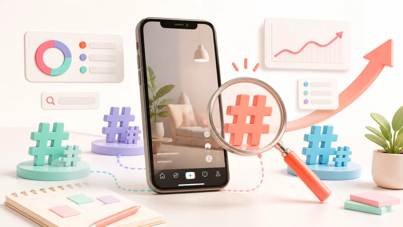 Açık renkli TikTok video ekranı, renkli hashtag simgeleri, büyüteç ve yükselen analiz grafiği