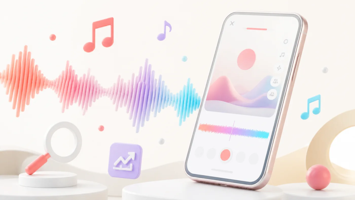 Açık renkli telefonda TikTok trend seslerini simgeleyen renkli ses dalgası ve müzik notaları