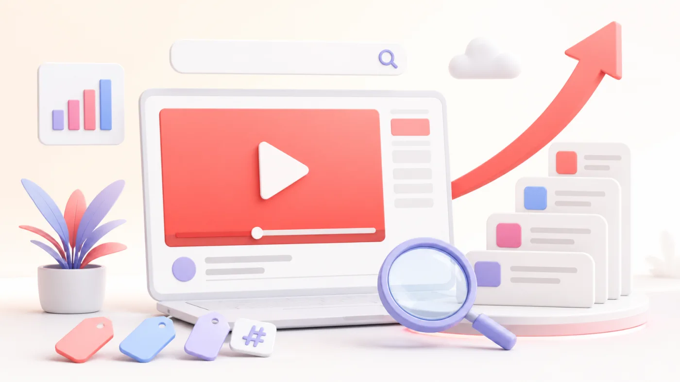 Açık renkli YouTube video ekranı, arama simgesi, analiz grafikleri ve yükselen sıralama oku